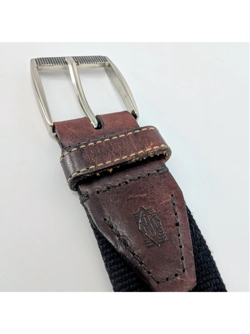 Martin Dingman Men’s Black Elastic Web Belt Brown Leather Size 42 105